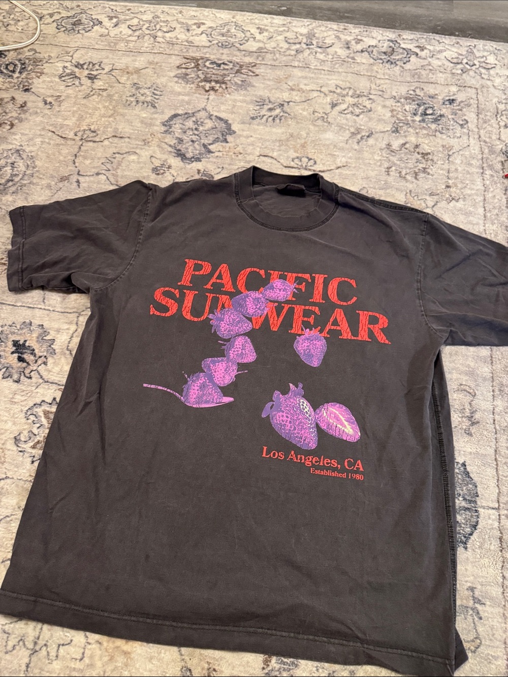 PacSun Black Tee with Red Logo and Purple Strawberry Graphic